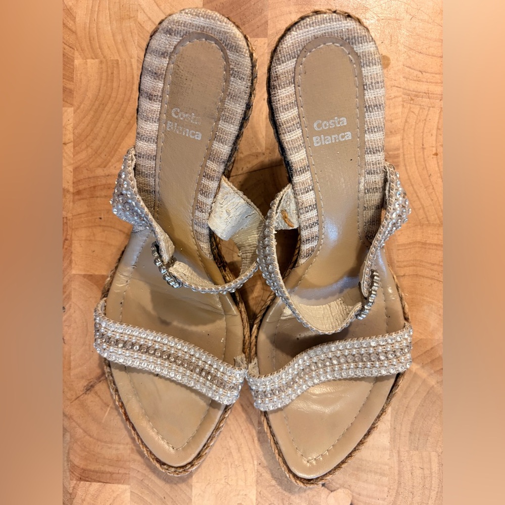 Costa Blanca Pearl & Rhinestone Espadrille Wedge Sandals Size 9½